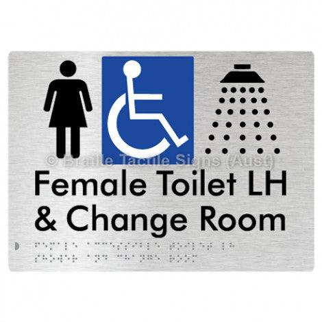 Braille Sign Female Accessible Toilet LH Shower & Change Room - Braille Tactile Signs (Aust) - BTS290LH-aliB - Fully Custom Signs - Fast Shipping - High Quality - Australian Made &amp; Owned