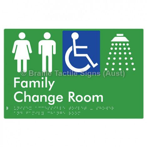 Braille Sign Unisex Accessible Toilet & Shower & Family Change Room - Braille Tactile Signs (Aust) - BTS292-grn - Fully Custom Signs - Fast Shipping - High Quality - Australian Made &amp; Owned