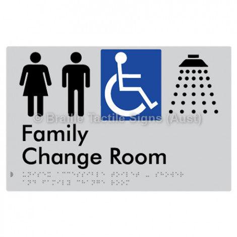 Braille Sign Unisex Accessible Toilet & Shower & Family Change Room - Braille Tactile Signs (Aust) - BTS292-slv - Fully Custom Signs - Fast Shipping - High Quality - Australian Made &amp; Owned