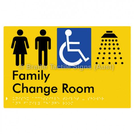 Braille Sign Unisex Accessible Toilet & Shower & Family Change Room - Braille Tactile Signs (Aust) - BTS292-yel - Fully Custom Signs - Fast Shipping - High Quality - Australian Made &amp; Owned