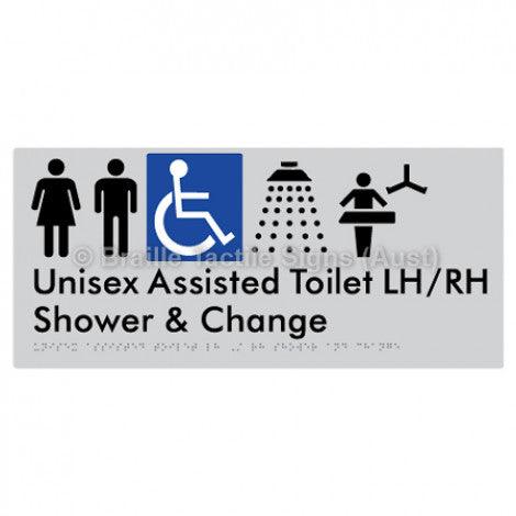 Braille Sign Unisex Assisted Toilet LH/RH Shower and Change - Braille Tactile Signs (Aust) - BTS307LH-RH-slv - Fully Custom Signs - Fast Shipping - High Quality - Australian Made &amp; Owned