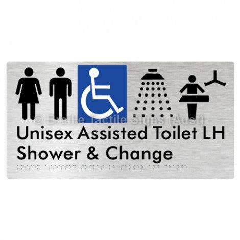 Braille Sign Unisex Assisted Toilet LH Shower & Change - Braille Tactile Signs (Aust) - BTS307LH-aliB - Fully Custom Signs - Fast Shipping - High Quality - Australian Made &amp; Owned