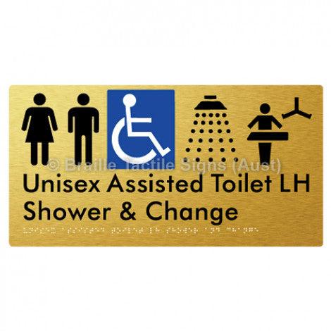 Braille Sign Unisex Assisted Toilet LH Shower & Change - Braille Tactile Signs (Aust) - BTS307LH-aliG - Fully Custom Signs - Fast Shipping - High Quality - Australian Made &amp; Owned