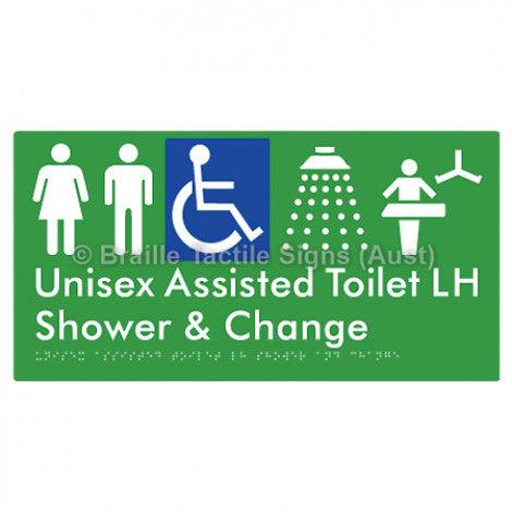 Braille Sign Unisex Assisted Toilet LH Shower & Change - Braille Tactile Signs (Aust) - BTS307LH-grn - Fully Custom Signs - Fast Shipping - High Quality - Australian Made &amp; Owned