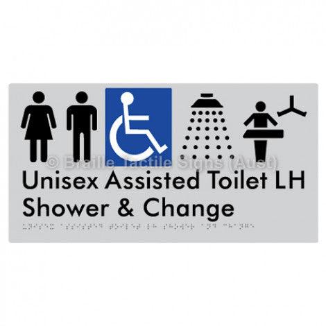 Braille Sign Unisex Assisted Toilet LH Shower & Change - Braille Tactile Signs (Aust) - BTS307LH-slv - Fully Custom Signs - Fast Shipping - High Quality - Australian Made &amp; Owned