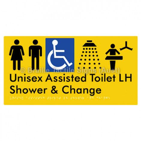 Braille Sign Unisex Assisted Toilet LH Shower & Change - Braille Tactile Signs (Aust) - BTS307LH-yel - Fully Custom Signs - Fast Shipping - High Quality - Australian Made &amp; Owned