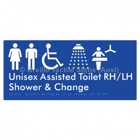 Braille Sign Unisex Assisted Toilet RH/LH Shower and Change - Braille Tactile Signs (Aust) - BTS307RH-LH-blu - Fully Custom Signs - Fast Shipping - High Quality - Australian Made &amp; Owned