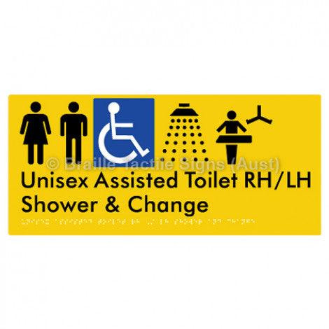 Braille Sign Unisex Assisted Toilet RH/LH Shower and Change - Braille Tactile Signs (Aust) - BTS307RH-LH-yel - Fully Custom Signs - Fast Shipping - High Quality - Australian Made &amp; Owned
