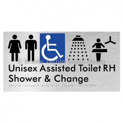 Braille Sign Unisex Assisted Toilet RH Shower & Change - Braille Tactile Signs (Aust) - BTS307RH-aliB - Fully Custom Signs - Fast Shipping - High Quality - Australian Made &amp; Owned