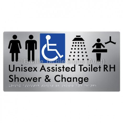 Braille Sign Unisex Assisted Toilet RH Shower & Change - Braille Tactile Signs (Aust) - BTS307RH-aliS - Fully Custom Signs - Fast Shipping - High Quality - Australian Made &amp; Owned