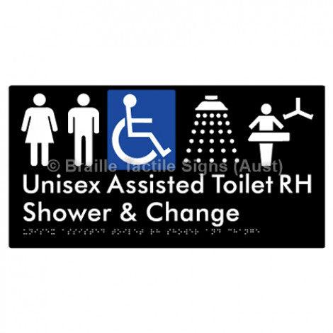 Braille Sign Unisex Assisted Toilet RH Shower & Change - Braille Tactile Signs (Aust) - BTS307RH-blk - Fully Custom Signs - Fast Shipping - High Quality - Australian Made &amp; Owned