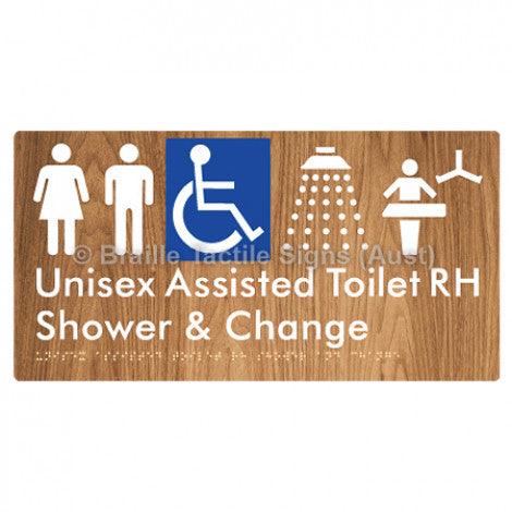 Braille Sign Unisex Assisted Toilet RH Shower & Change - Braille Tactile Signs (Aust) - BTS307RH-wdg - Fully Custom Signs - Fast Shipping - High Quality - Australian Made &amp; Owned