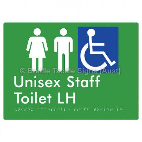 Braille Sign Unisex Accessible Staff Toilet LH - Braille Tactile Signs (Aust) - BTS312LH-grn - Fully Custom Signs - Fast Shipping - High Quality - Australian Made &amp; Owned