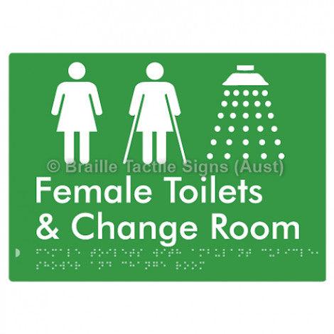 Braille Sign Female Toilets with Ambulant Cubicle, Shower and Change Room - Braille Tactile Signs (Aust) - BTS331-grn - Fully Custom Signs - Fast Shipping - High Quality - Australian Made &amp; Owned