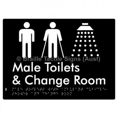 Braille Sign Male Toilets with Ambulant Cubicle, Shower and Change Room - Braille Tactile Signs (Aust) - BTS332-blk - Fully Custom Signs - Fast Shipping - High Quality - Australian Made &amp; Owned