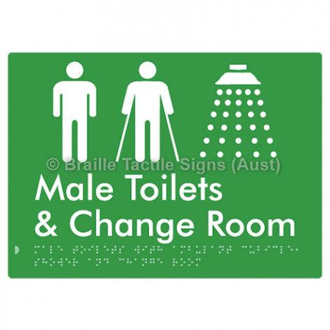 Braille Sign Male Toilets with Ambulant Cubicle, Shower and Change Room - Braille Tactile Signs (Aust) - BTS332-grn - Fully Custom Signs - Fast Shipping - High Quality - Australian Made &amp; Owned