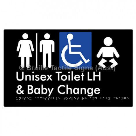 Braille Sign Unisex Accessible Toilet LH and Baby Change w/ Air Lock - Braille Tactile Signs (Aust) - BTS33LHn-AL-blk - Fully Custom Signs - Fast Shipping - High Quality - Australian Made &amp; Owned