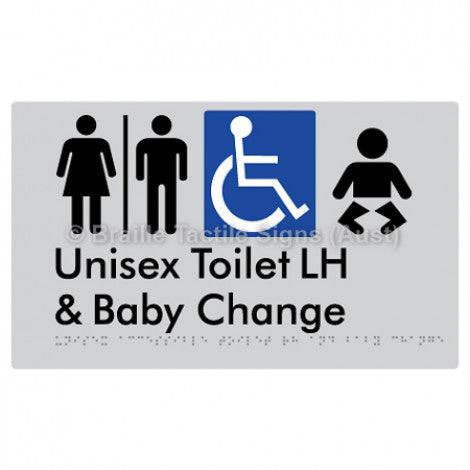 Braille Sign Unisex Accessible Toilet LH and Baby Change w/ Air Lock - Braille Tactile Signs (Aust) - BTS33LHn-AL-slv - Fully Custom Signs - Fast Shipping - High Quality - Australian Made &amp; Owned