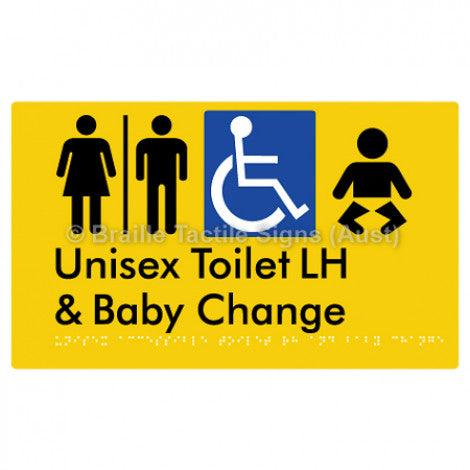 Braille Sign Unisex Accessible Toilet LH and Baby Change w/ Air Lock - Braille Tactile Signs (Aust) - BTS33LHn-AL-yel - Fully Custom Signs - Fast Shipping - High Quality - Australian Made &amp; Owned