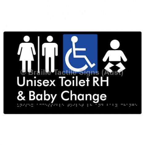 Braille Sign Unisex Accessible Toilet RH and Baby Change w/ Air Lock - Braille Tactile Signs (Aust) - BTS33RHn-AL-blk - Fully Custom Signs - Fast Shipping - High Quality - Australian Made &amp; Owned