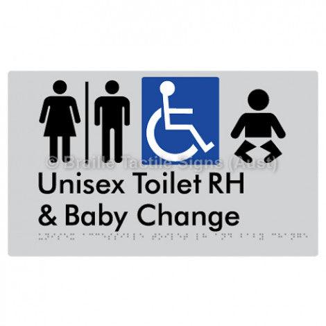 Braille Sign Unisex Accessible Toilet RH and Baby Change w/ Air Lock - Braille Tactile Signs (Aust) - BTS33RHn-AL-slv - Fully Custom Signs - Fast Shipping - High Quality - Australian Made &amp; Owned
