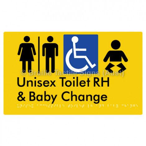 Braille Sign Unisex Accessible Toilet RH and Baby Change w/ Air Lock - Braille Tactile Signs (Aust) - BTS33RHn-AL-yel - Fully Custom Signs - Fast Shipping - High Quality - Australian Made &amp; Owned