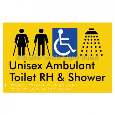 Braille Sign Unisex Accessible Toilet RH, Ambulant Toilet and Shower - Braille Tactile Signs (Aust) - BTS343RH-yel - Fully Custom Signs - Fast Shipping - High Quality - Australian Made &amp; Owned