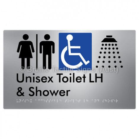 Braille Sign Unisex Accessible Toilet LH & Shower w/ Air Lock - Braille Tactile Signs (Aust) - BTS35LHn-AL-blu - Fully Custom Signs - Fast Shipping - High Quality - Australian Made &amp; Owned