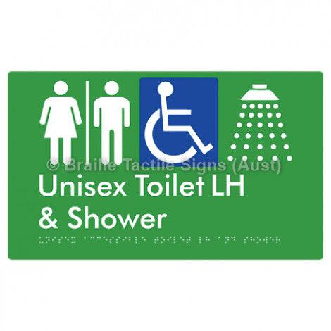 Braille Sign Unisex Accessible Toilet LH & Shower w/ Air Lock - Braille Tactile Signs (Aust) - BTS35LHn-AL-grn - Fully Custom Signs - Fast Shipping - High Quality - Australian Made &amp; Owned