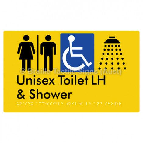 Braille Sign Unisex Accessible Toilet LH & Shower w/ Air Lock - Braille Tactile Signs (Aust) - BTS35LHn-AL-yel - Fully Custom Signs - Fast Shipping - High Quality - Australian Made &amp; Owned