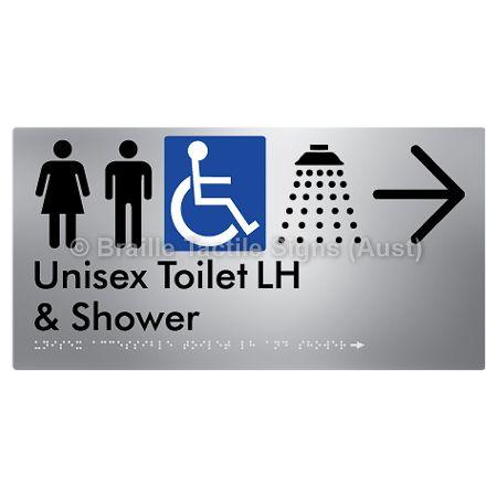 Braille Sign Unisex Accessible Toilet LH & Shower w/ Large Arrow: - Braille Tactile Signs (Aust) - BTS35LHn->R-aliS - Fully Custom Signs - Fast Shipping - High Quality - Australian Made &amp; Owned