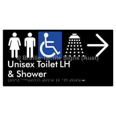 Braille Sign Unisex Accessible Toilet LH & Shower w/ Large Arrow: - Braille Tactile Signs (Aust) - BTS35LHn->R-blk - Fully Custom Signs - Fast Shipping - High Quality - Australian Made &amp; Owned