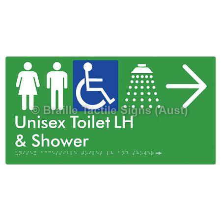 Braille Sign Unisex Accessible Toilet LH & Shower w/ Large Arrow: - Braille Tactile Signs (Aust) - BTS35LHn->R-grn - Fully Custom Signs - Fast Shipping - High Quality - Australian Made &amp; Owned