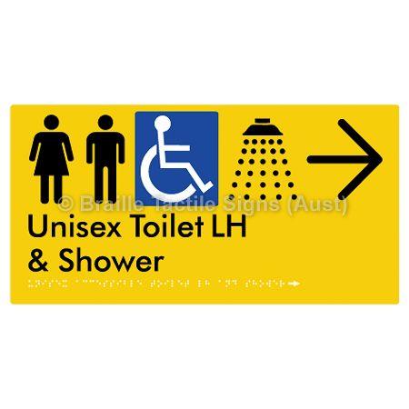 Braille Sign Unisex Accessible Toilet LH & Shower w/ Large Arrow: - Braille Tactile Signs (Aust) - BTS35LHn->R-yel - Fully Custom Signs - Fast Shipping - High Quality - Australian Made &amp; Owned
