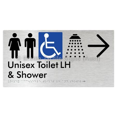 Braille Sign Unisex Accessible Toilet LH & Shower w/ Large Arrow: - Braille Tactile Signs (Aust) - BTS35LHn->R-aliB - Fully Custom Signs - Fast Shipping - High Quality - Australian Made &amp; Owned