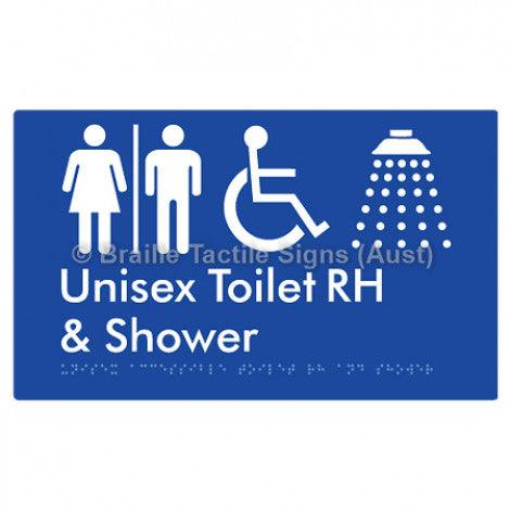 Braille Sign Unisex Accessible Toilet RH & Shower w/ Air Lock - Braille Tactile Signs (Aust) - BTS35RHn-AL-blu - Fully Custom Signs - Fast Shipping - High Quality - Australian Made &amp; Owned