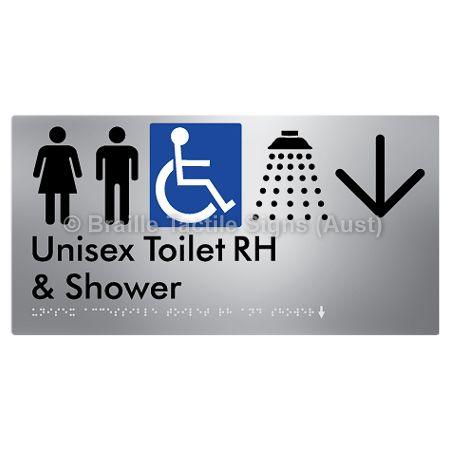 Braille Sign Unisex Accessible Toilet RH & Shower w/ Large Arrow: - Braille Tactile Signs (Aust) - BTS35RHn->D-aliS - Fully Custom Signs - Fast Shipping - High Quality - Australian Made &amp; Owned