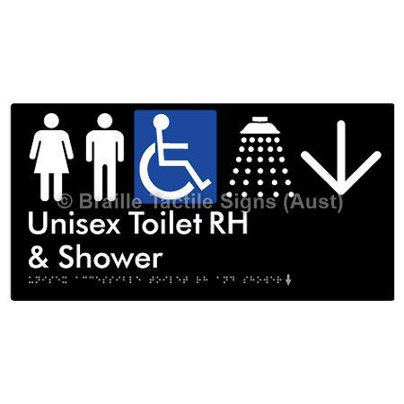 Braille Sign Unisex Accessible Toilet RH & Shower w/ Large Arrow: - Braille Tactile Signs (Aust) - BTS35RHn->D-blk - Fully Custom Signs - Fast Shipping - High Quality - Australian Made &amp; Owned