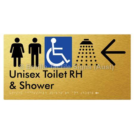 Braille Sign Unisex Accessible Toilet RH & Shower w/ Large Arrow: - Braille Tactile Signs (Aust) - BTS35RHn->L-aliG - Fully Custom Signs - Fast Shipping - High Quality - Australian Made &amp; Owned