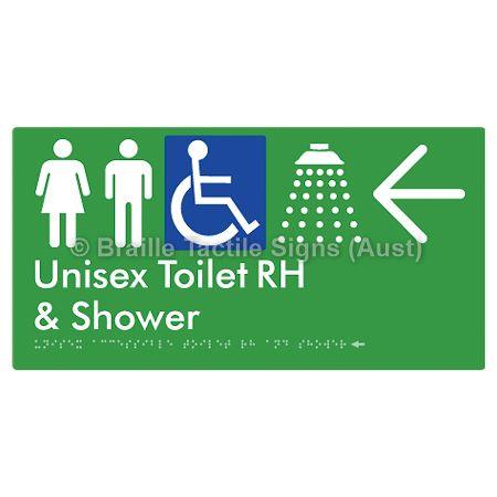 Braille Sign Unisex Accessible Toilet RH & Shower w/ Large Arrow: - Braille Tactile Signs (Aust) - BTS35RHn->L-grn - Fully Custom Signs - Fast Shipping - High Quality - Australian Made &amp; Owned