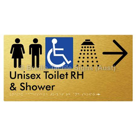 Braille Sign Unisex Accessible Toilet RH & Shower w/ Large Arrow: - Braille Tactile Signs (Aust) - BTS35RHn->R-aliG - Fully Custom Signs - Fast Shipping - High Quality - Australian Made &amp; Owned