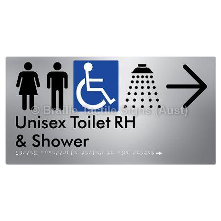Braille Sign Unisex Accessible Toilet RH & Shower w/ Large Arrow: - Braille Tactile Signs (Aust) - BTS35RHn->R-aliS - Fully Custom Signs - Fast Shipping - High Quality - Australian Made &amp; Owned