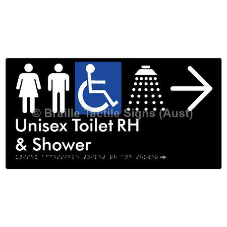 Braille Sign Unisex Accessible Toilet RH & Shower w/ Large Arrow: - Braille Tactile Signs (Aust) - BTS35RHn->R-blk - Fully Custom Signs - Fast Shipping - High Quality - Australian Made &amp; Owned