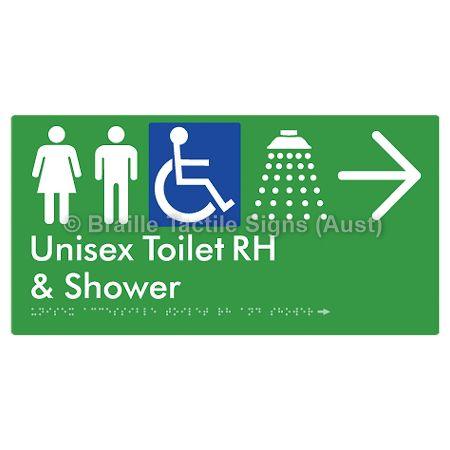 Braille Sign Unisex Accessible Toilet RH & Shower w/ Large Arrow: - Braille Tactile Signs (Aust) - BTS35RHn->R-grn - Fully Custom Signs - Fast Shipping - High Quality - Australian Made &amp; Owned