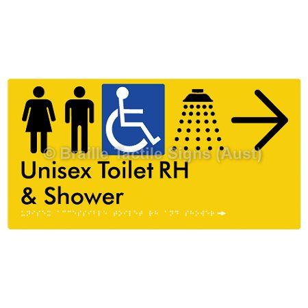 Braille Sign Unisex Accessible Toilet RH & Shower w/ Large Arrow: - Braille Tactile Signs (Aust) - BTS35RHn->R-yel - Fully Custom Signs - Fast Shipping - High Quality - Australian Made &amp; Owned