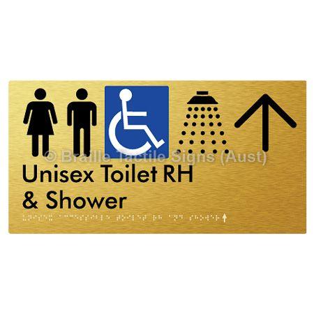 Braille Sign Unisex Accessible Toilet RH & Shower w/ Large Arrow: - Braille Tactile Signs (Aust) - BTS35RHn->U-aliG - Fully Custom Signs - Fast Shipping - High Quality - Australian Made &amp; Owned