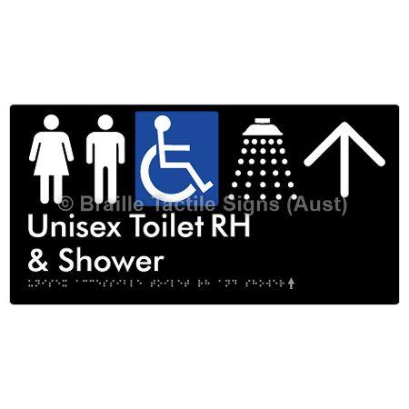 Braille Sign Unisex Accessible Toilet RH & Shower w/ Large Arrow: - Braille Tactile Signs (Aust) - BTS35RHn->U-blk - Fully Custom Signs - Fast Shipping - High Quality - Australian Made &amp; Owned