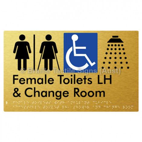 Braille Sign Female Toilets with Ambulant Cubicle Accessible Toilet LH, Shower and Change Room (Air Lock) - Braille Tactile Signs (Aust) - BTS366LH-AL-aliG - Fully Custom Signs - Fast Shipping - High Quality - Australian Made &amp; Owned