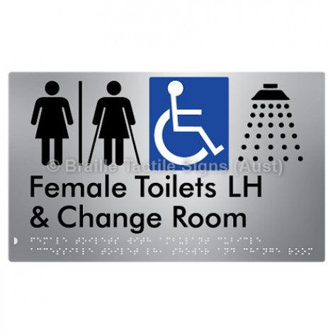 Braille Sign Female Toilets with Ambulant Cubicle Accessible Toilet LH, Shower and Change Room (Air Lock) - Braille Tactile Signs (Aust) - BTS366LH-AL-aliS - Fully Custom Signs - Fast Shipping - High Quality - Australian Made &amp; Owned