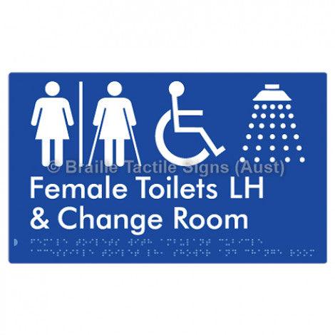 Braille Sign Female Toilets with Ambulant Cubicle Accessible Toilet LH, Shower and Change Room (Air Lock) - Braille Tactile Signs (Aust) - BTS366LH-AL-blu - Fully Custom Signs - Fast Shipping - High Quality - Australian Made &amp; Owned